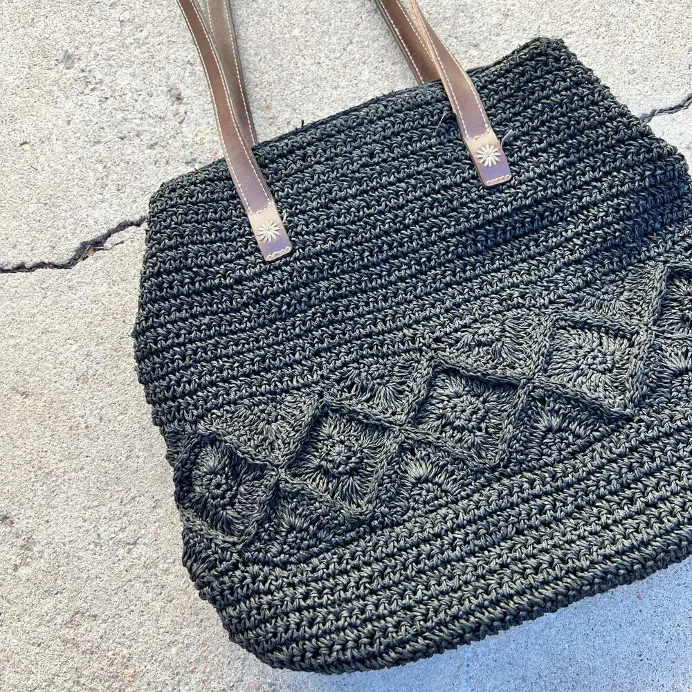 Vintage 90s St. John's Bay Sunburst Black Woven Natural Fiber Tote Medium Bag